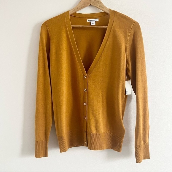 Nwt AMAZON Essentials Knit Cardigan Yellow V Neck Basic Button Up Sweater - Picture 4 of 14